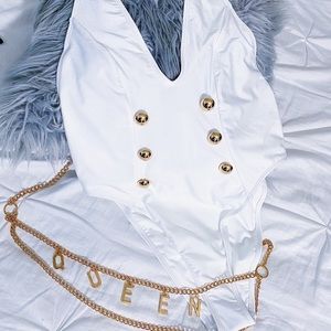 White low cut Bikini with Gold button detail.